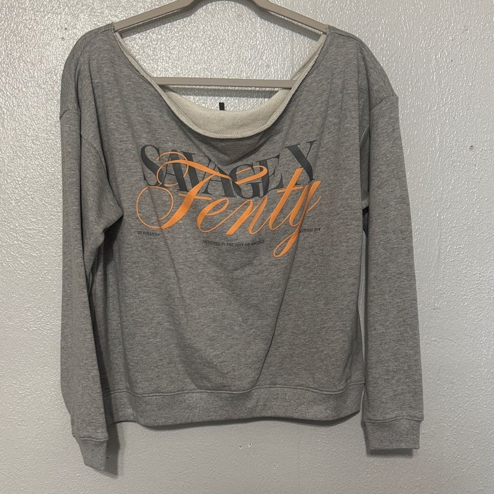 Savage X Fenty Weekender Terry Cut-Off Grey Off The Shoulder Sweatshirt Size M